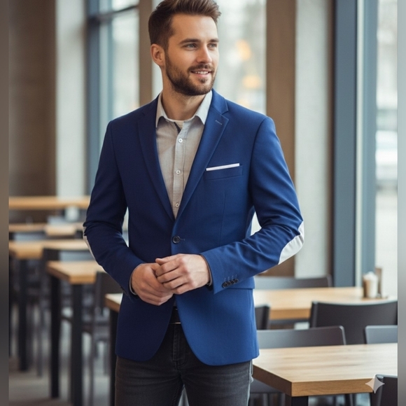 ZARA Man Navy Blue Slim Fit Blazer Jacket White Elbow Patch US Size 54 - Picture 16 of 16